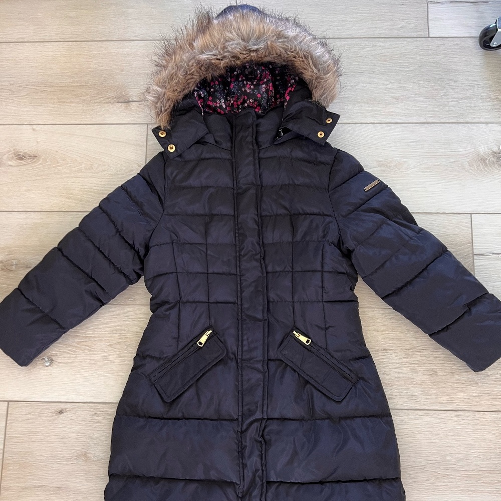 Steve Madden | Black Faux Fur-Accent Hooded Longline Puffer Coat / S